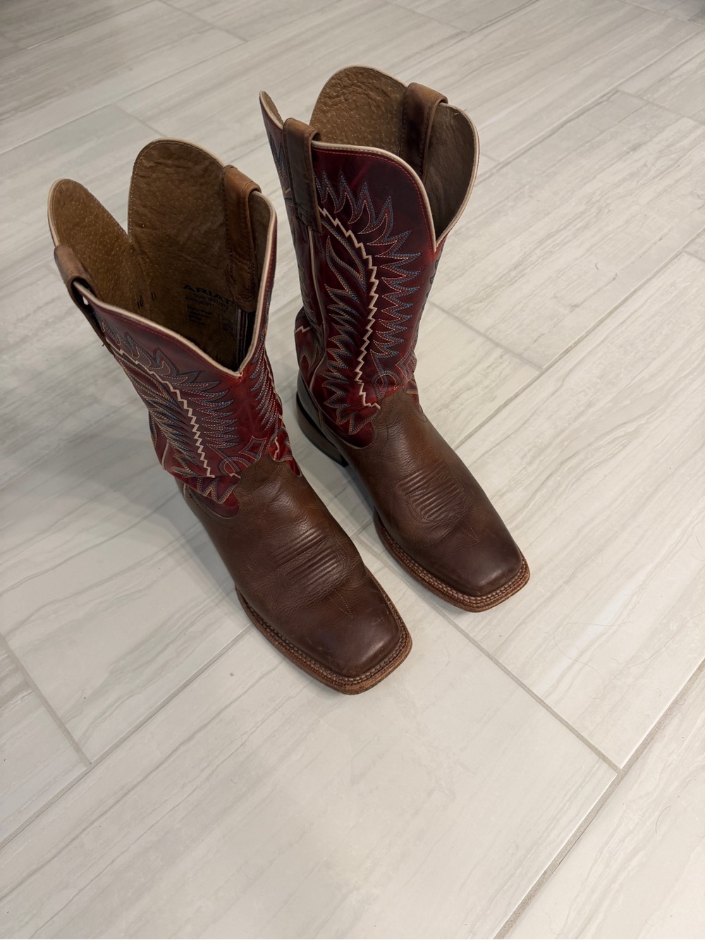 Ariat Brown Leather Cowboy Boots with Red Stitching - Picture 2 of 4